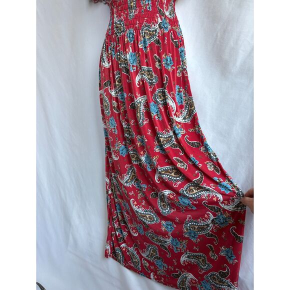 Long Red Paisley Maxi Off Shoulder Dress M/L Romantic Vacation Date Feminine - Picture 6 of 9